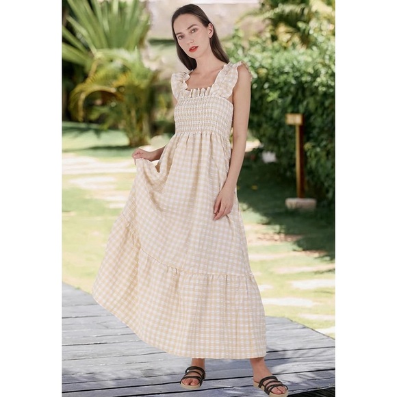 Gingham Print Plaid Smocked Spaghetti Straps Flouncy Long Dress in Khaki - Picture 5 of 9